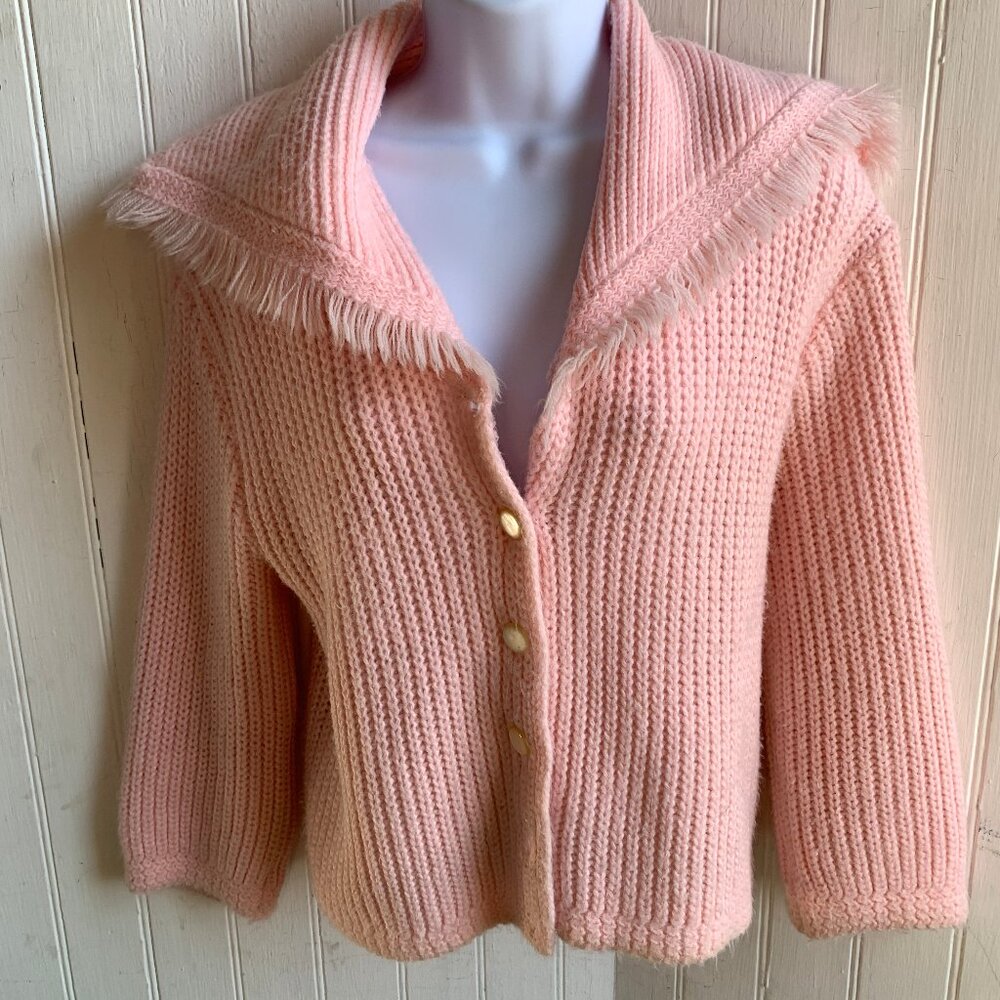 Vintage Pink Chunky Knit Ribbed Sailor Fringed Collar Cardigan Pearl Buttons - M